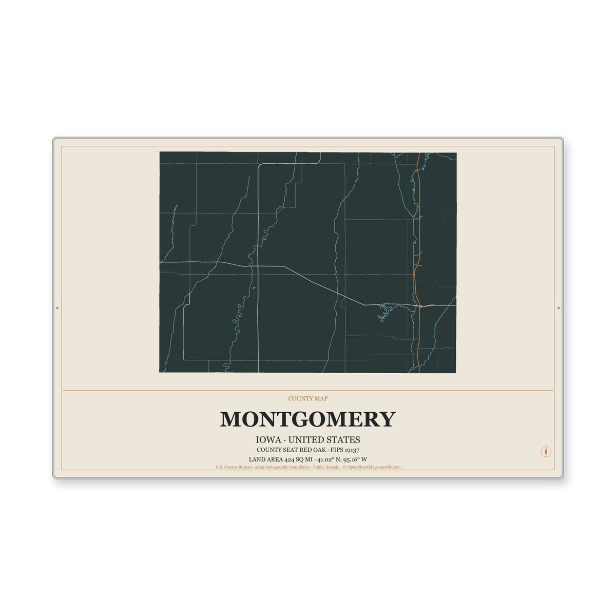 Montgomery County, Iowa Map Aluminum Sign in Headline Atlas style
