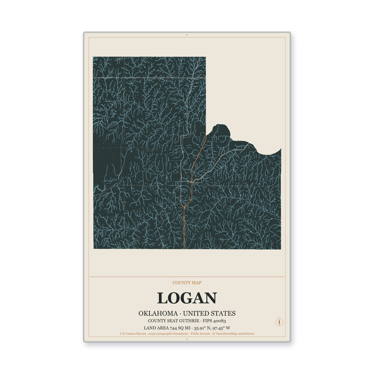 Logan County, Oklahoma Map Aluminum Sign in Headline Atlas style
