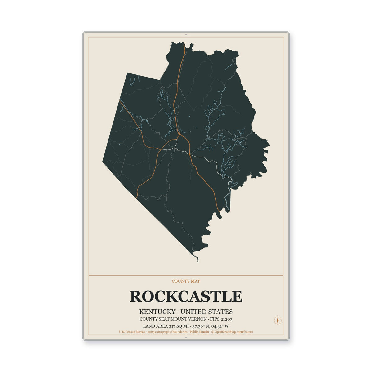 Rockcastle County, Kentucky Map Aluminum Sign in Headline Atlas style