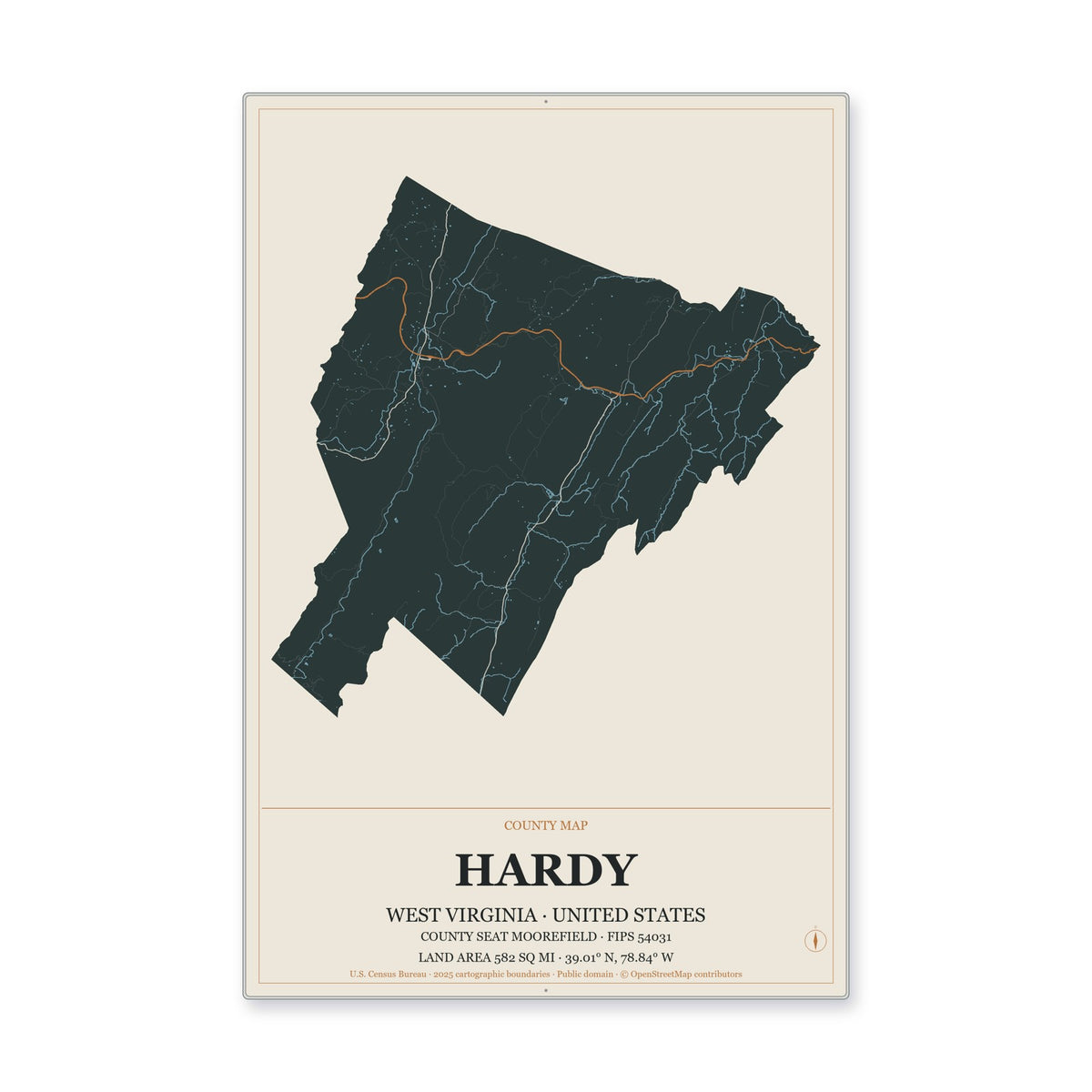 Hardy County, West Virginia Map Aluminum Sign in Headline Atlas style