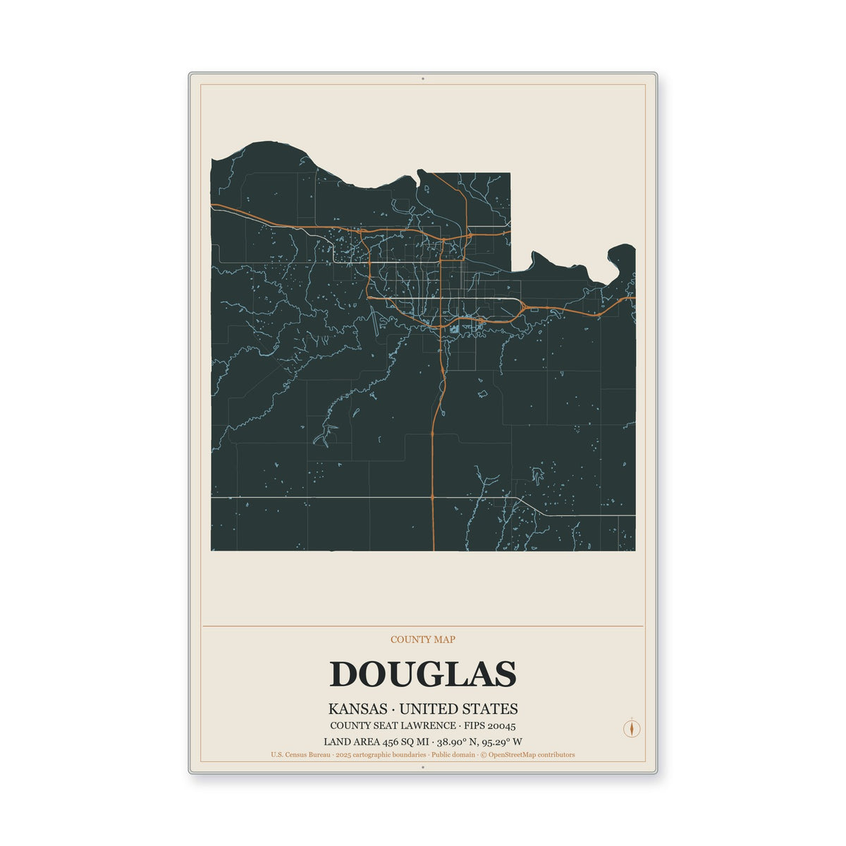 Douglas County, Kansas Map Aluminum Sign in Headline Atlas style