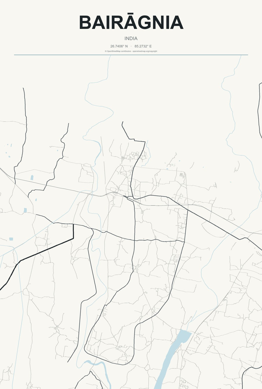 Bairāgnia, India City Map Aluminum Sign in Headline Atlas style