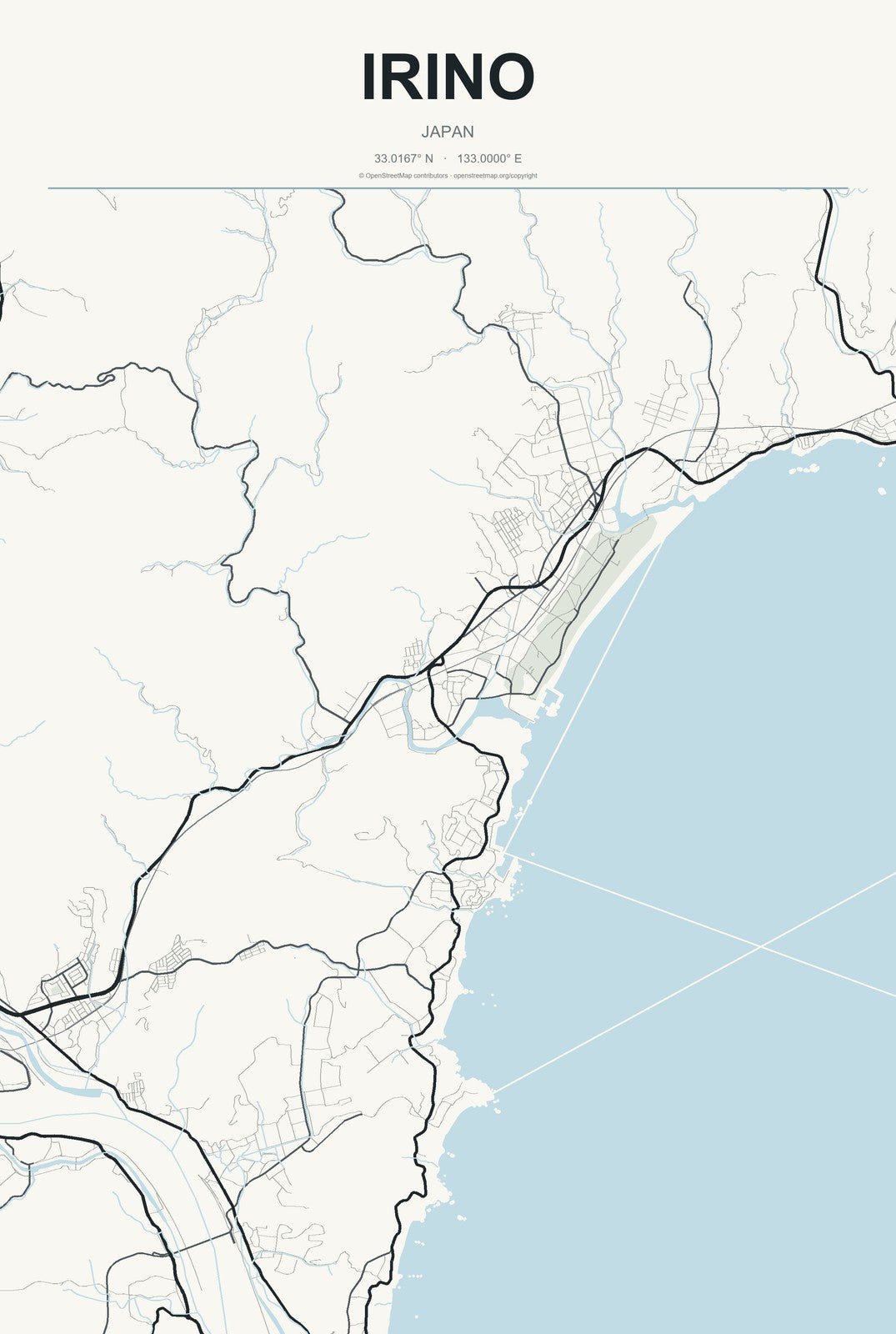 Irino, Japan City Map Aluminum Sign in Headline Atlas style