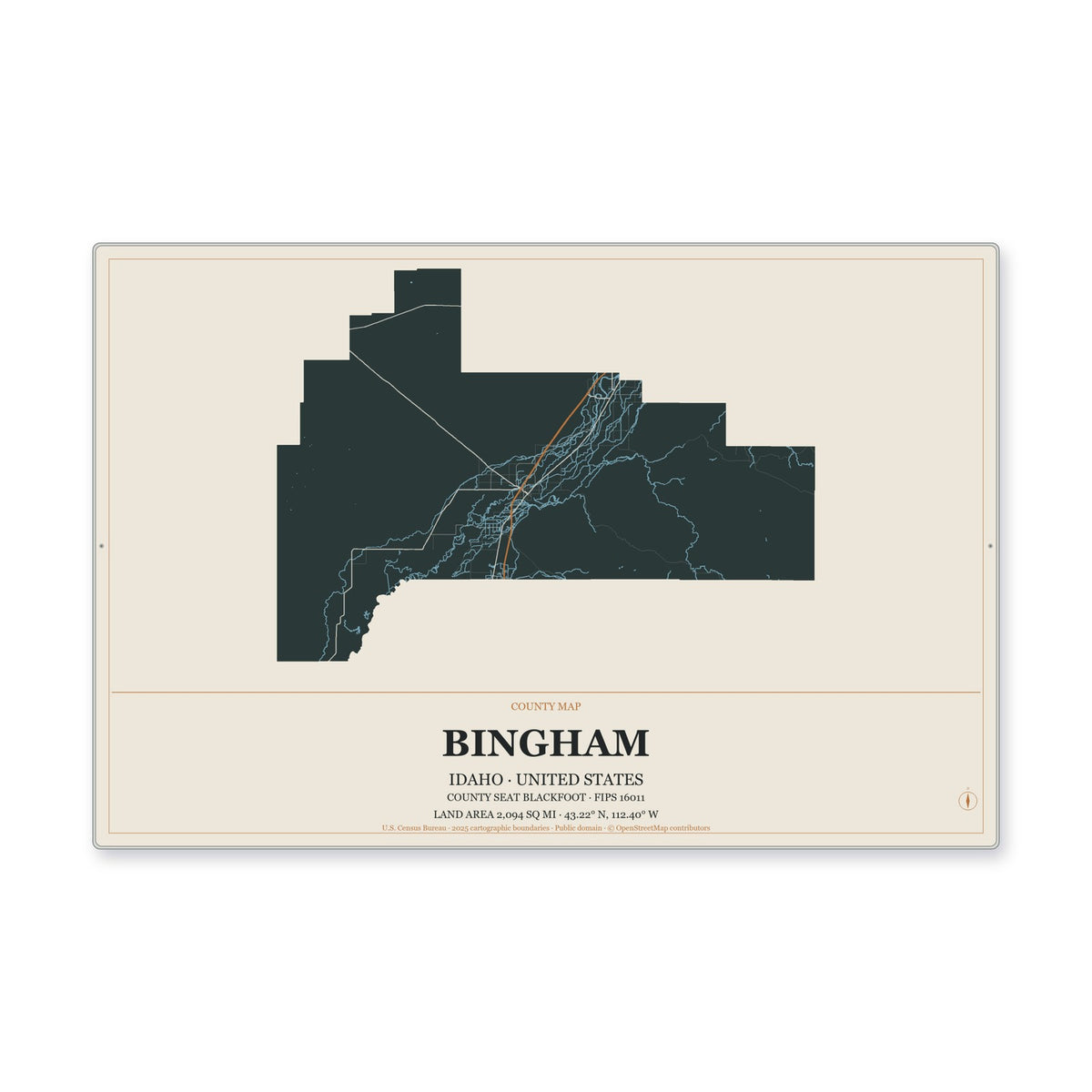 Bingham County, Idaho Map Aluminum Sign in Headline Atlas style