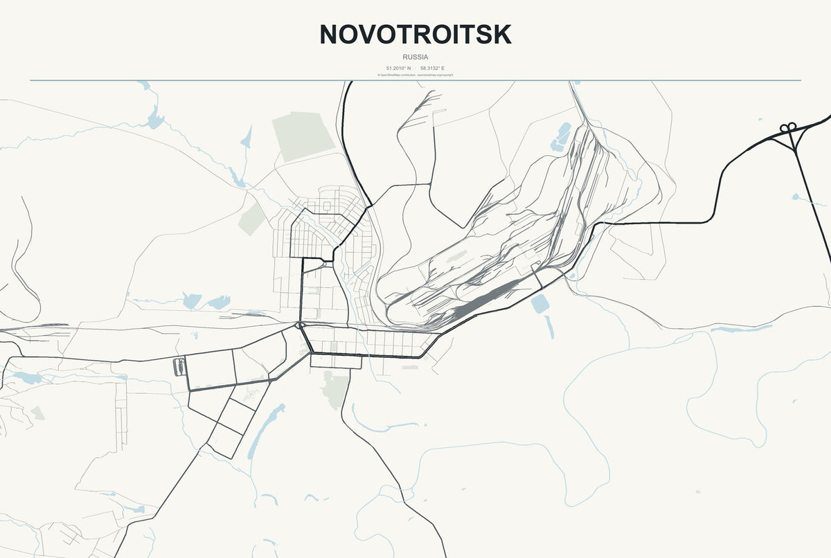 Novotroitsk, Russia City Map Aluminum Sign in Headline Atlas style