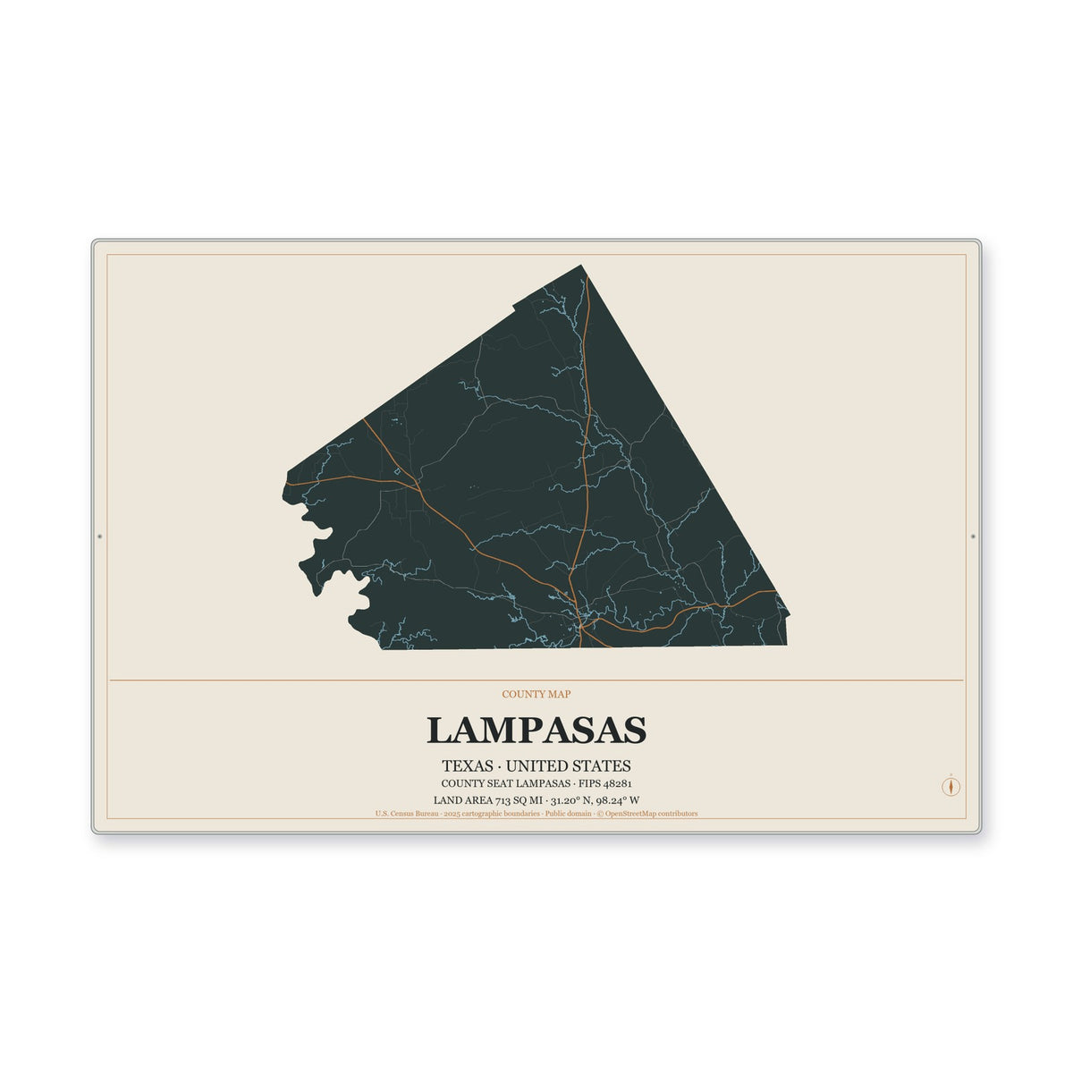Lampasas County, Texas Map Aluminum Sign in Headline Atlas style