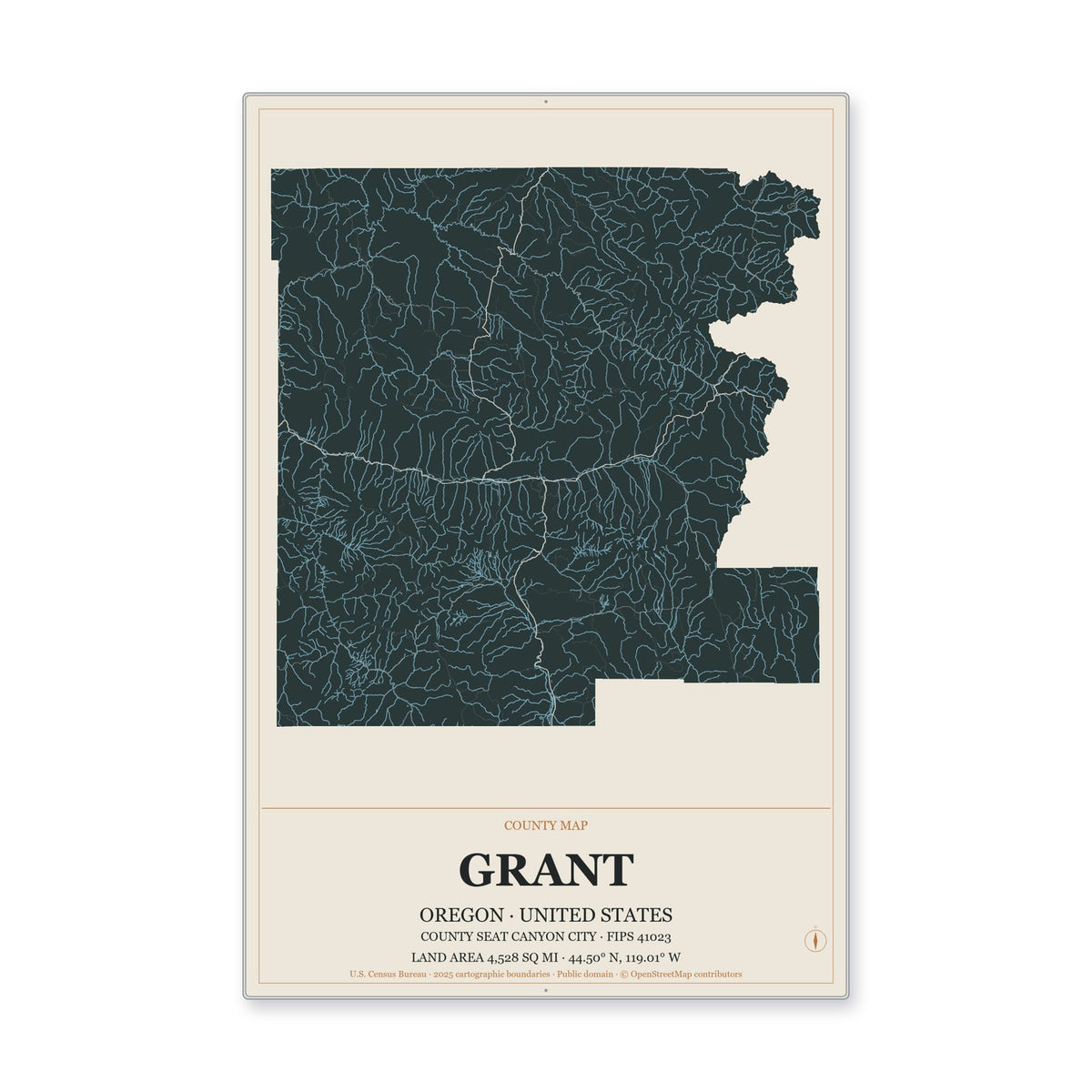 Grant County, Oregon Map Aluminum Sign in Headline Atlas style