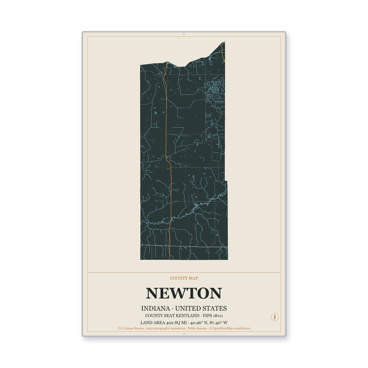 Newton County, Indiana Map Aluminum Sign in Headline Atlas style