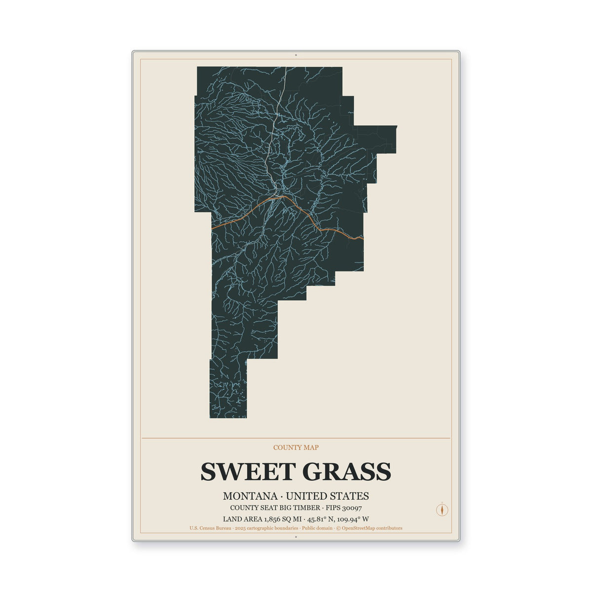 Sweet Grass County, Montana Map Aluminum Sign in Headline Atlas style