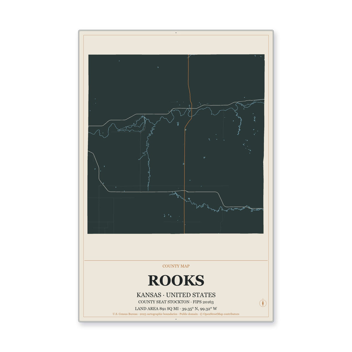 Rooks County, Kansas Map Aluminum Sign in Headline Atlas style
