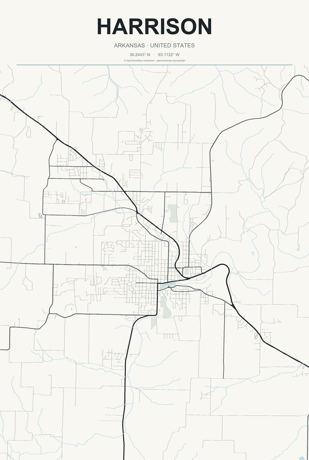 Harrison, Arkansas City Map Aluminum Sign in Headline Atlas style