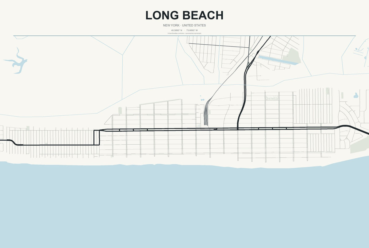 Long Beach, New York City Map Aluminum Sign in Headline Atlas style
