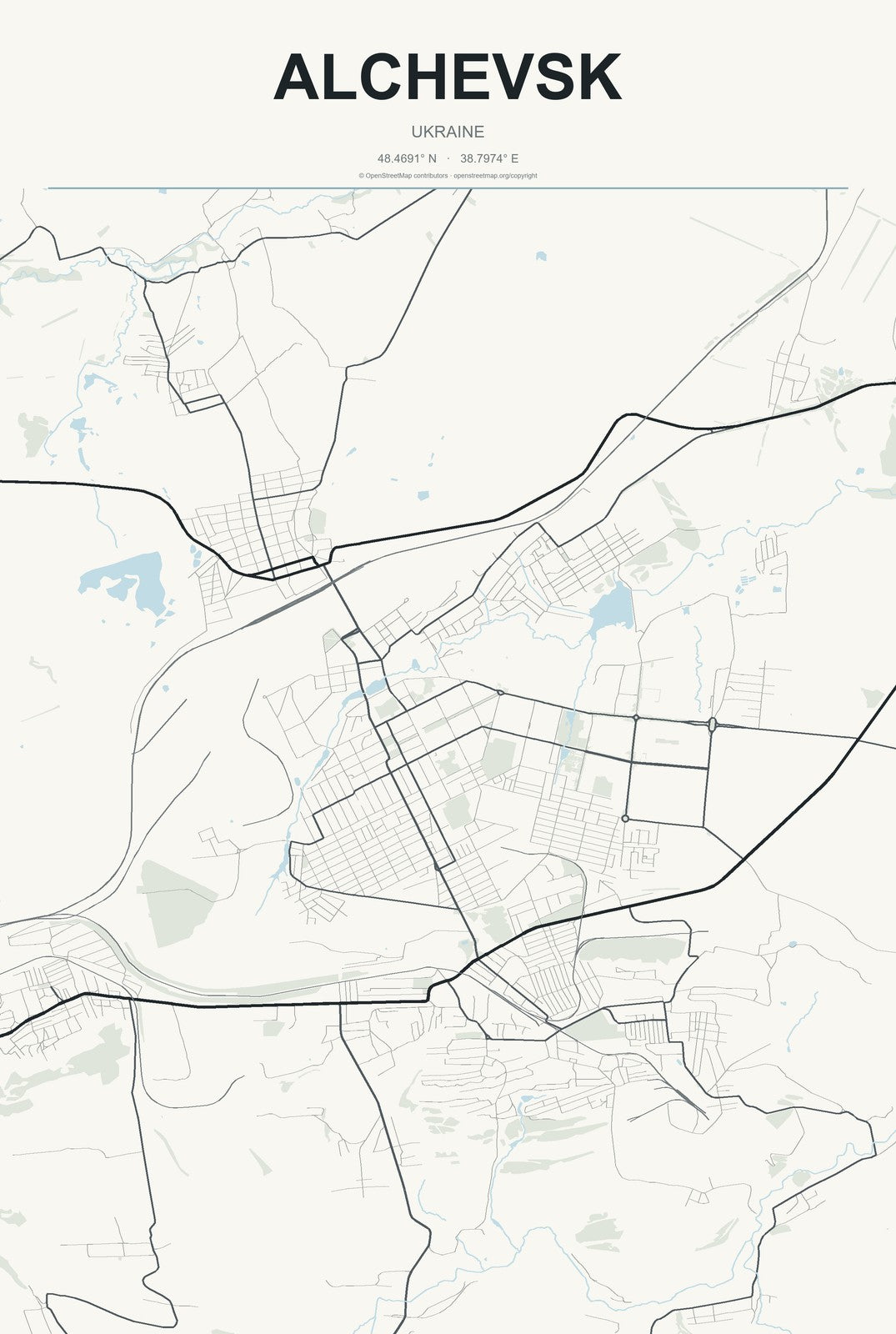 Alchevsk, Ukraine City Map Aluminum Sign in Headline Atlas style