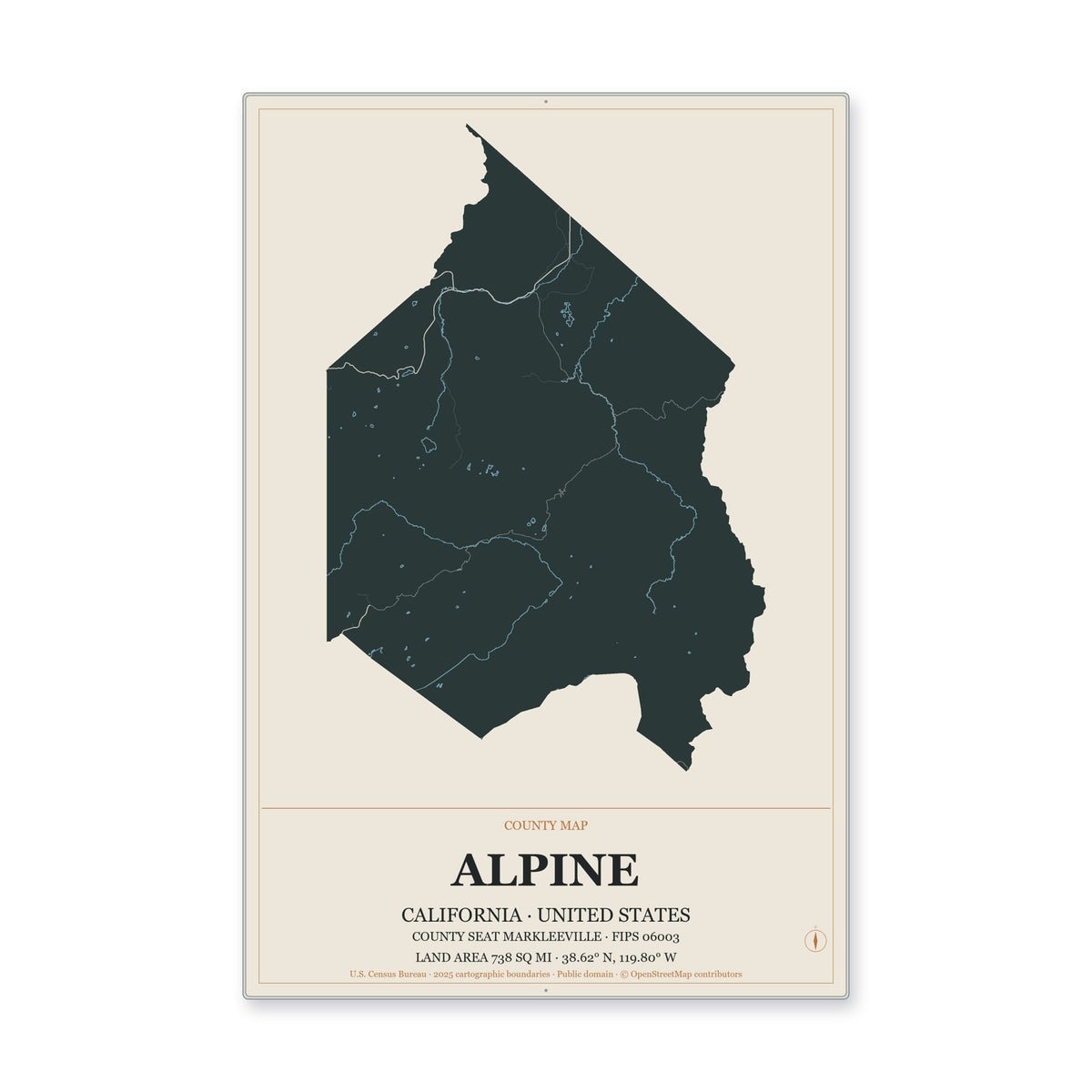 Alpine County, California Map Aluminum Sign in Headline Atlas style