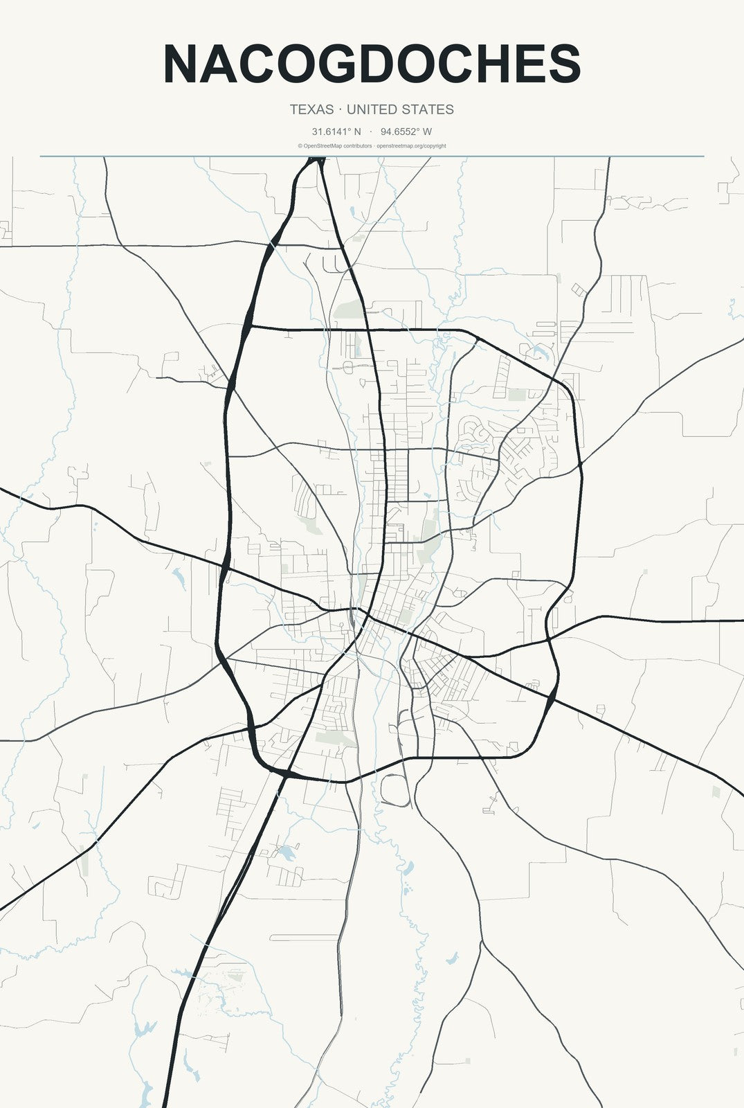 Nacogdoches, Texas City Map Aluminum Sign in Headline Atlas style