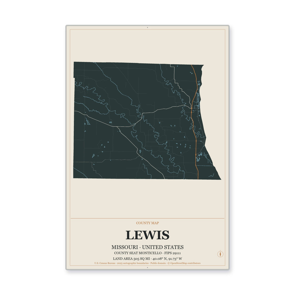 Lewis County, Missouri Map Aluminum Sign in Headline Atlas style