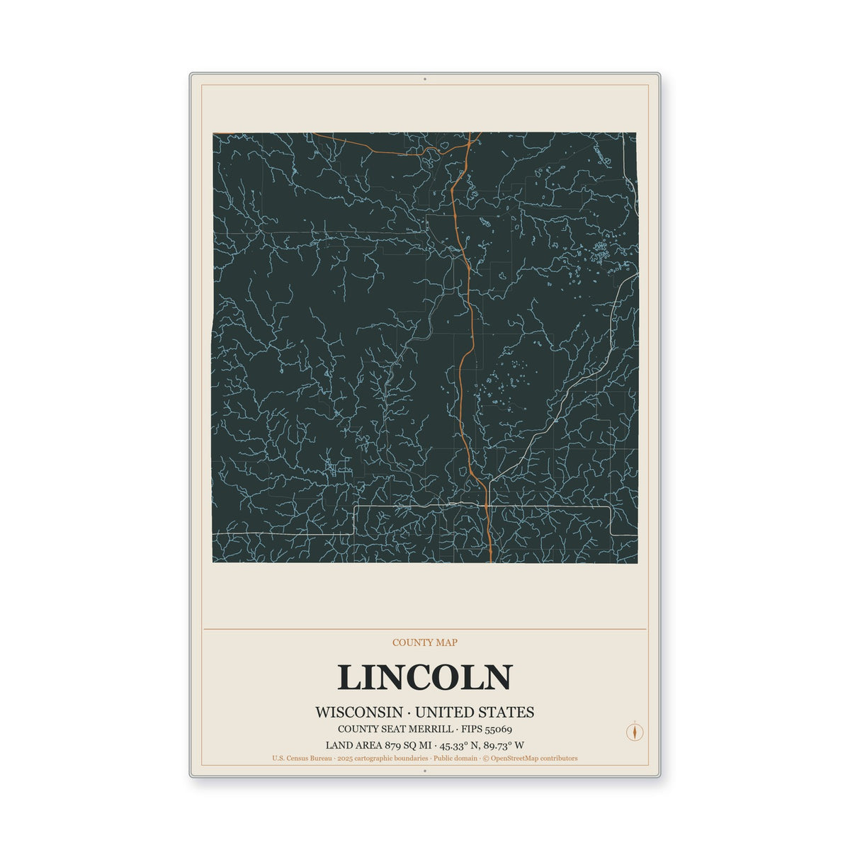 Lincoln County, Wisconsin Map Aluminum Sign in Headline Atlas style