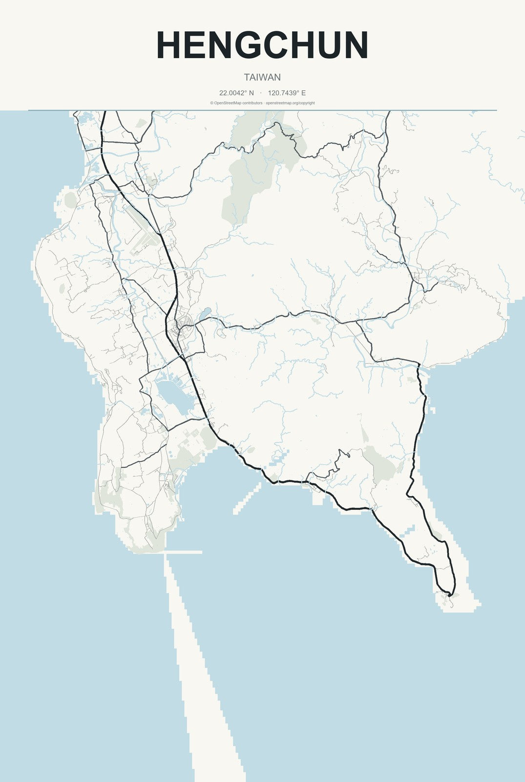 Hengchun, Taiwan City Map Aluminum Sign in Headline Atlas style