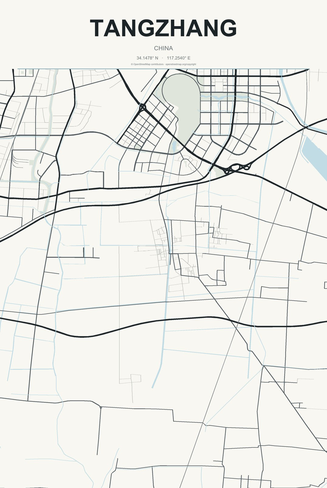 Tangzhang, China City Map Aluminum Sign in Headline Atlas style