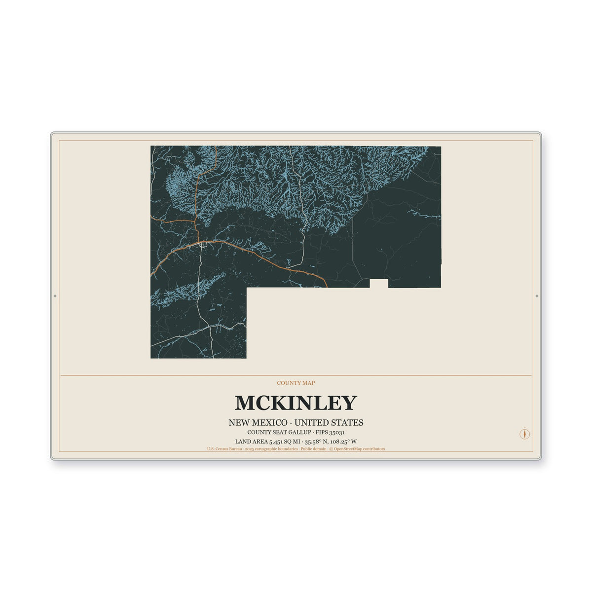 McKinley County, New Mexico Map Aluminum Sign in Headline Atlas style