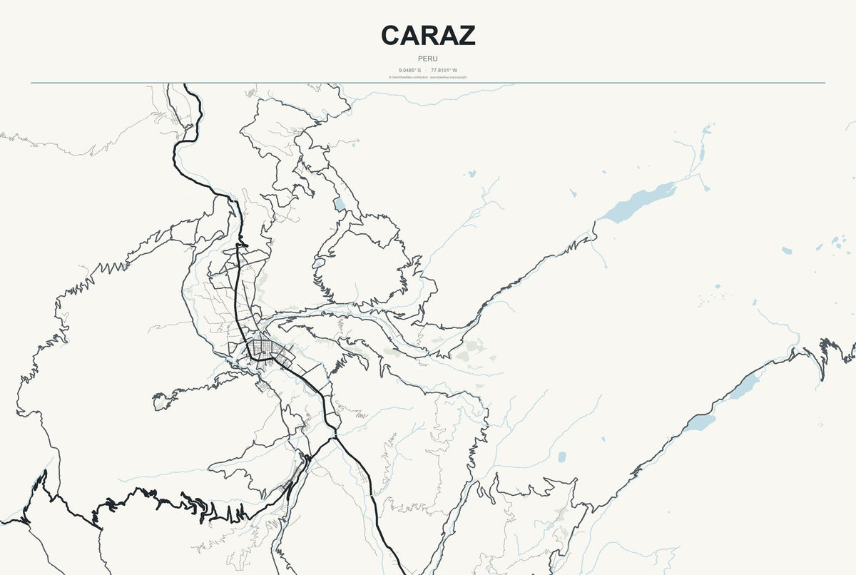 Caraz, Peru City Map Aluminum Sign in Headline Atlas style