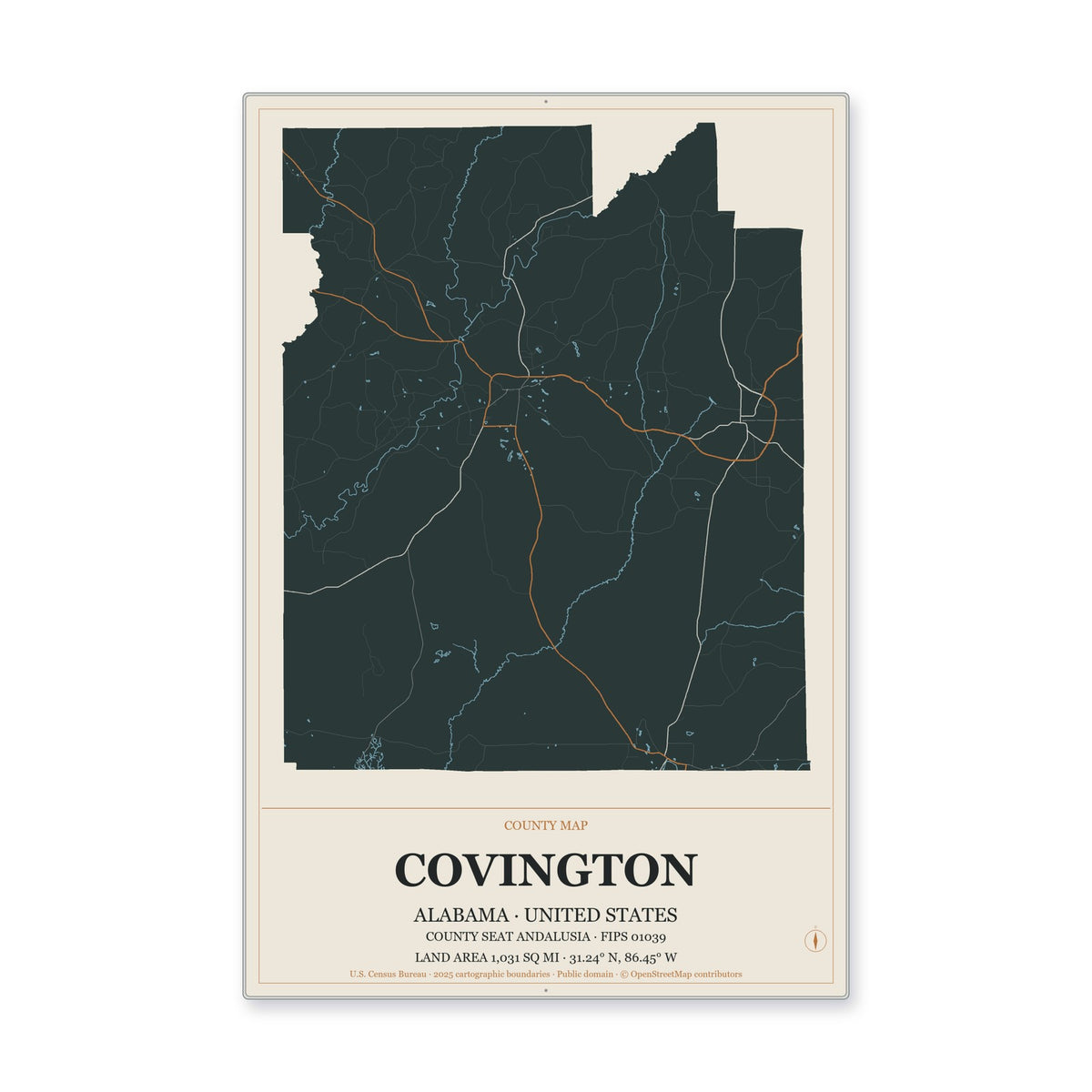 Covington County, Alabama Map Aluminum Sign in Headline Atlas style