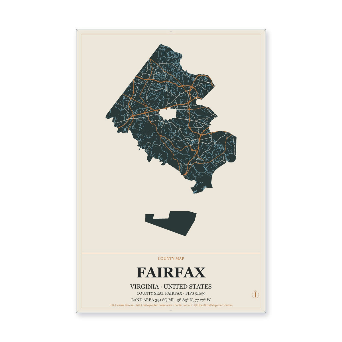 Fairfax County, Virginia Map Aluminum Sign in Headline Atlas style