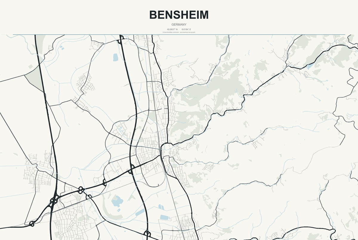 Bensheim, Germany City Map Aluminum Sign in Headline Atlas style