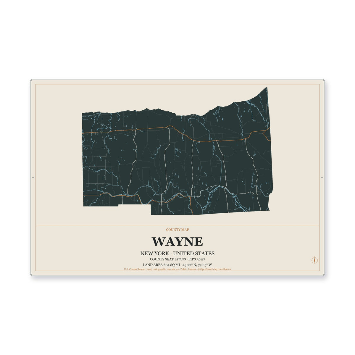 Wayne County, New York Map Aluminum Sign in Headline Atlas style