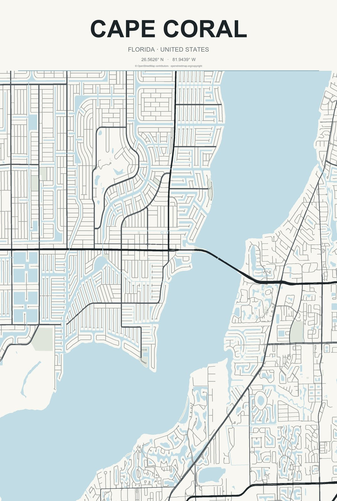 Cape Coral, Florida City Map Aluminum Sign in Headline Atlas style