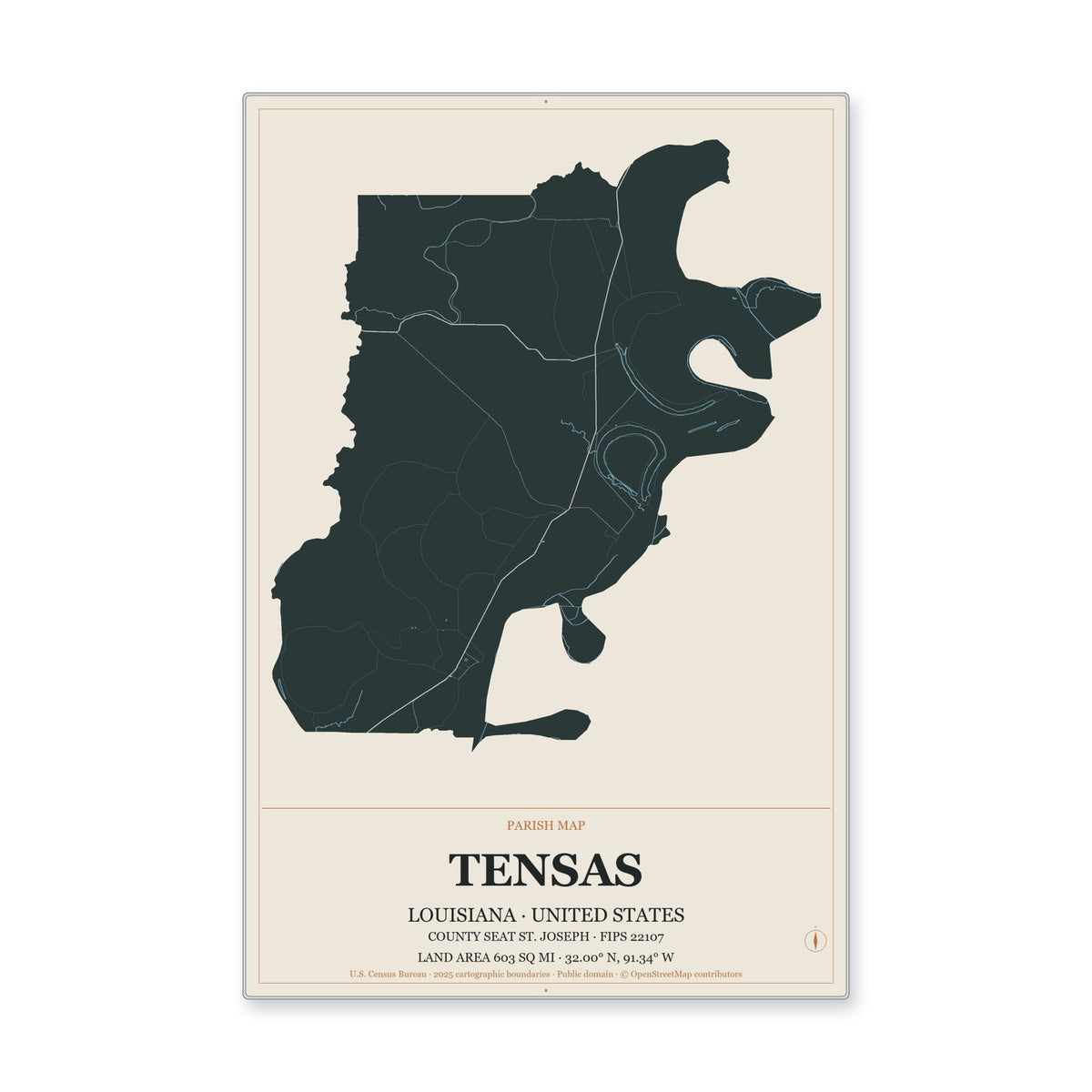 Tensas Parish, Louisiana Map Aluminum Sign in Headline Atlas style