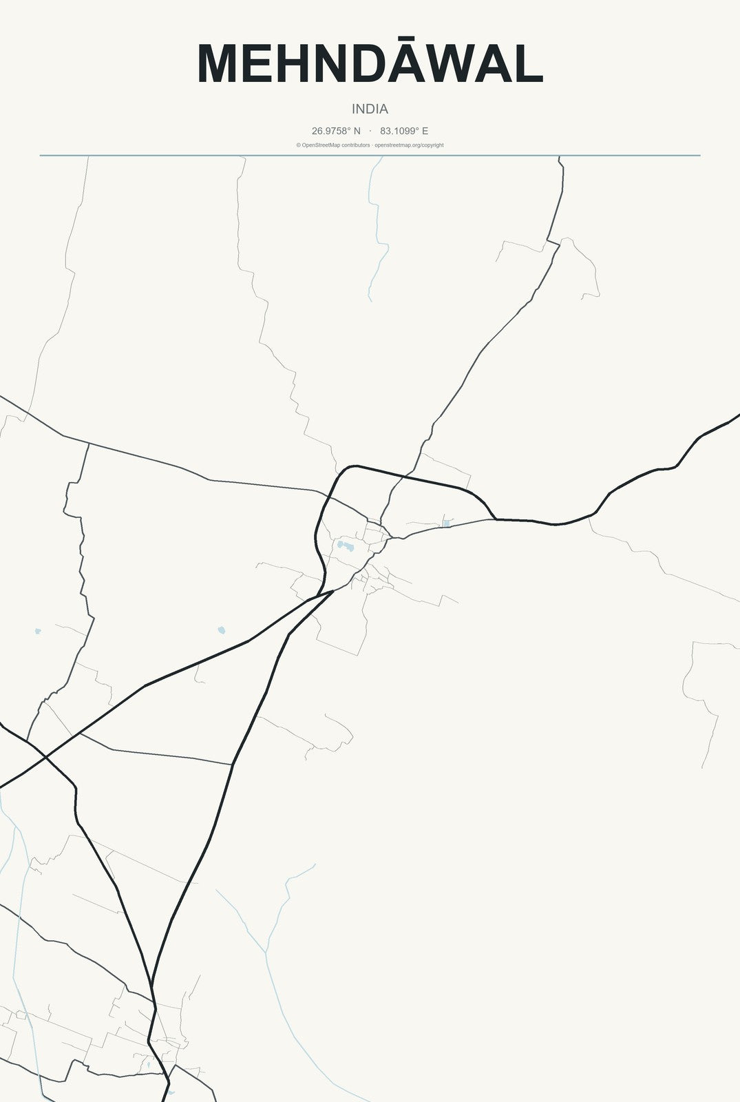 Mehndāwal, India City Map Aluminum Sign in Headline Atlas style
