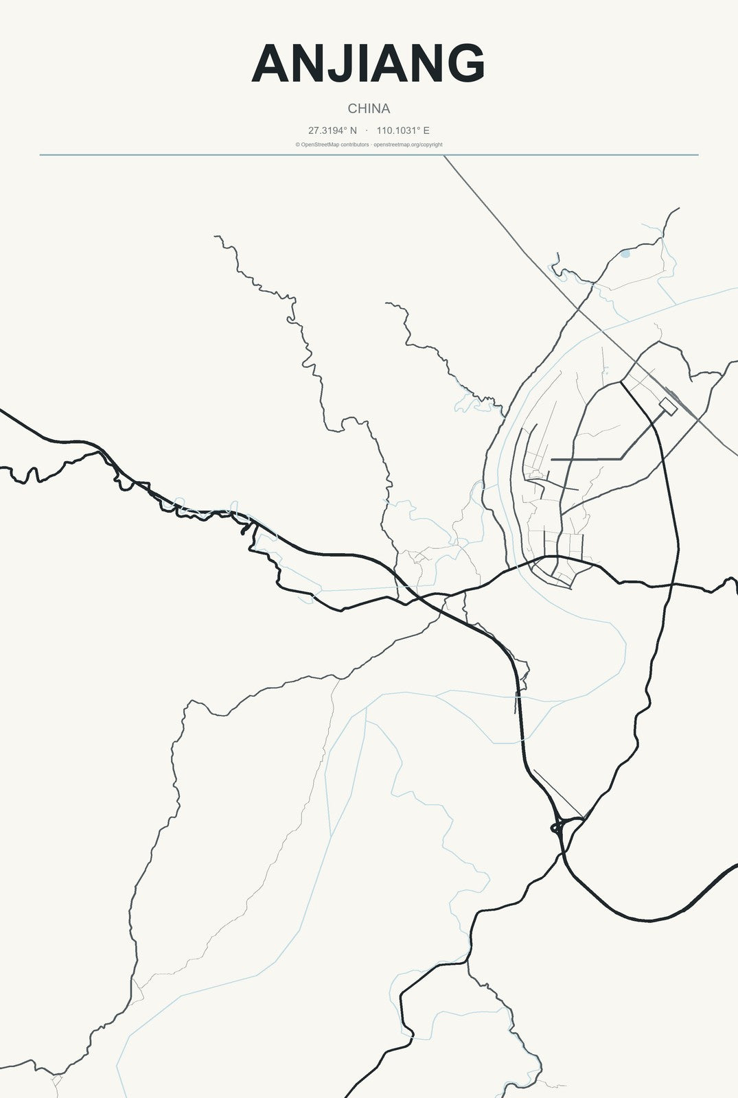 Anjiang, China City Map Aluminum Sign in Headline Atlas style