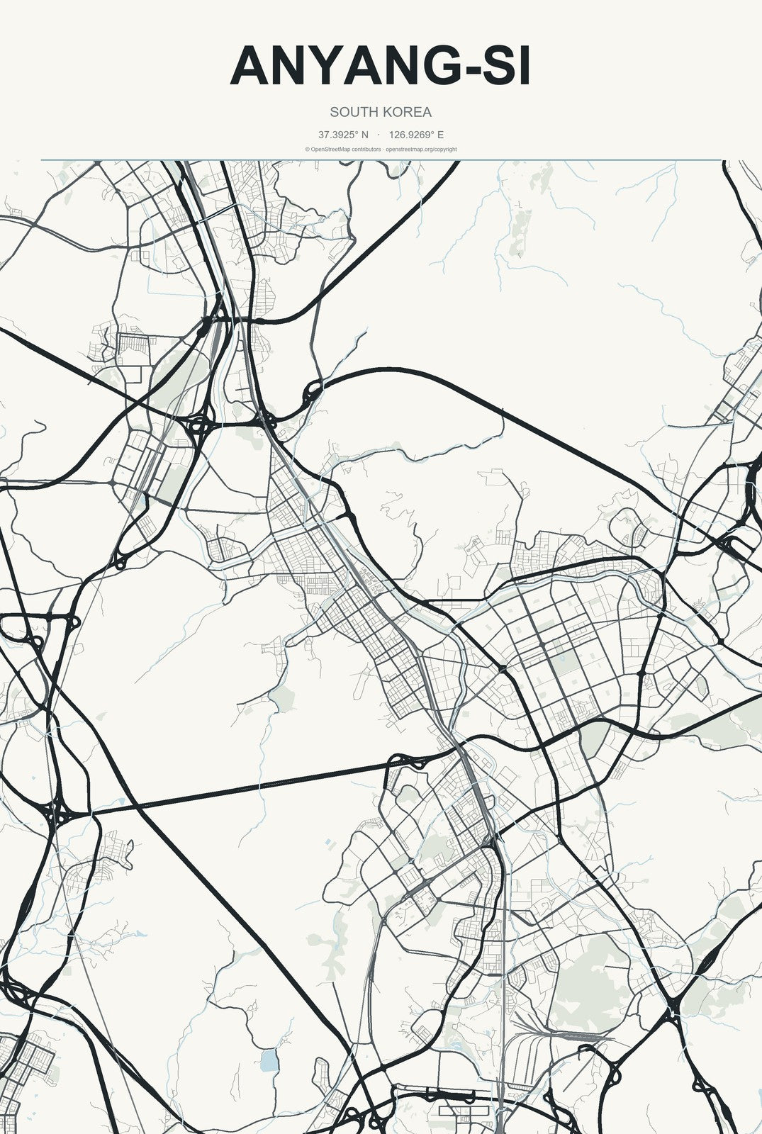 Anyang-si, South Korea City Map Aluminum Sign in Headline Atlas style