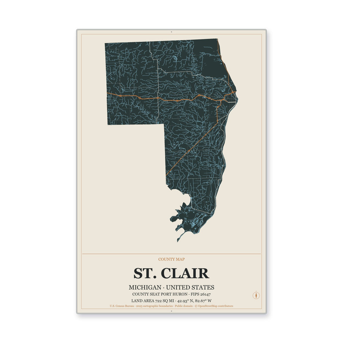 St. Clair County, Michigan Map Aluminum Sign in Headline Atlas style