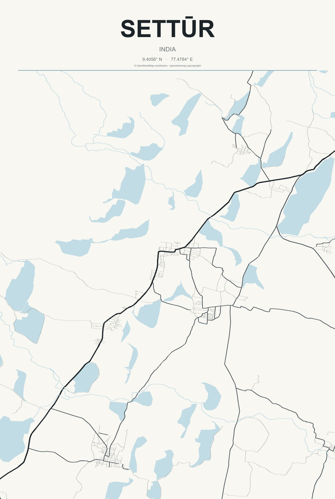 Settūr, India City Map Aluminum Sign in Headline Atlas style