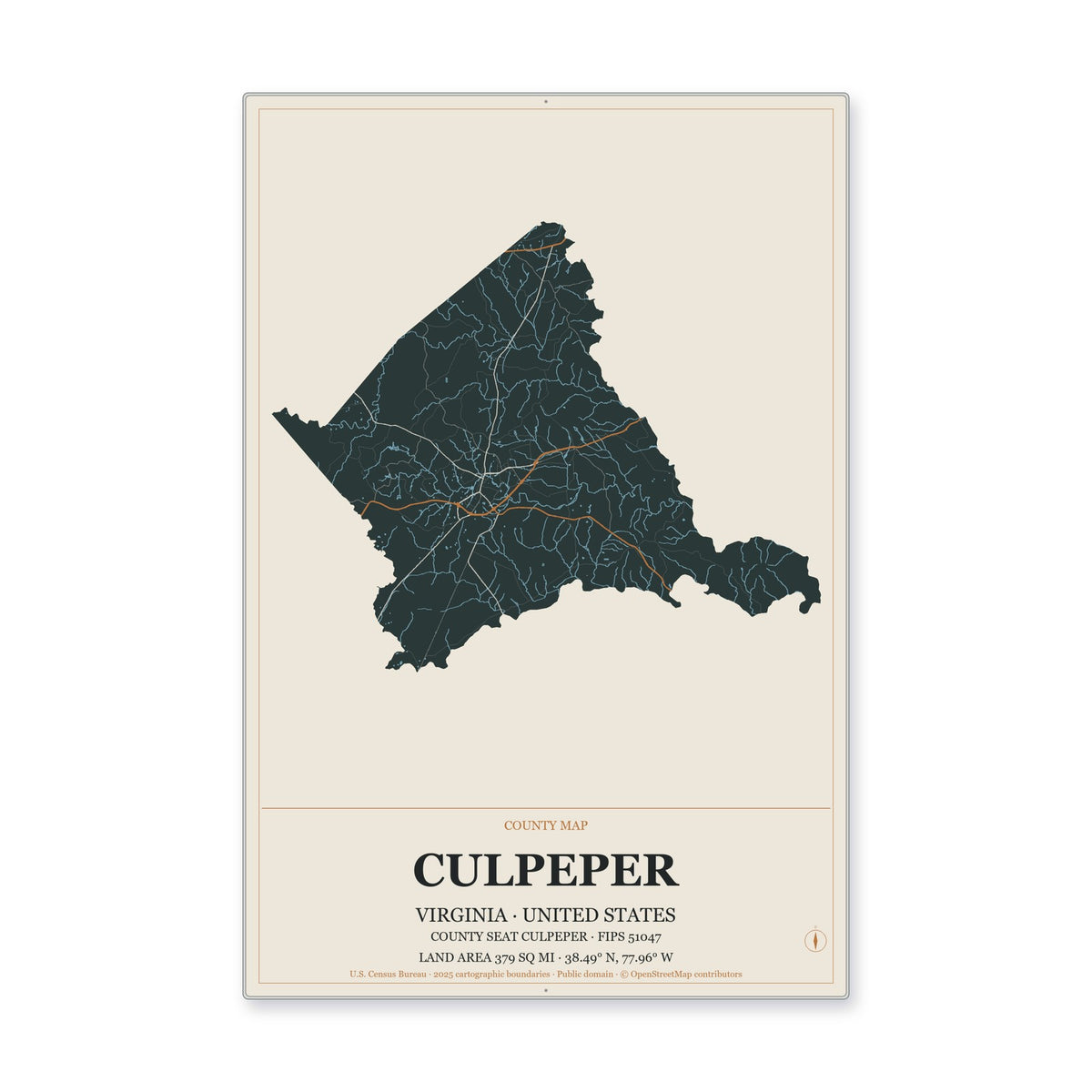 Culpeper County, Virginia Map Aluminum Sign in Headline Atlas style