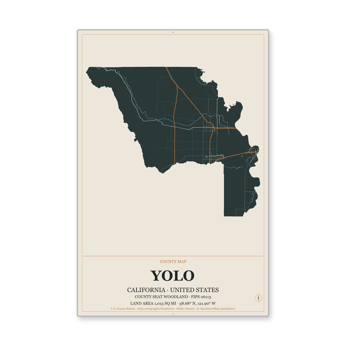 Yolo County, California Map Aluminum Sign in Headline Atlas style