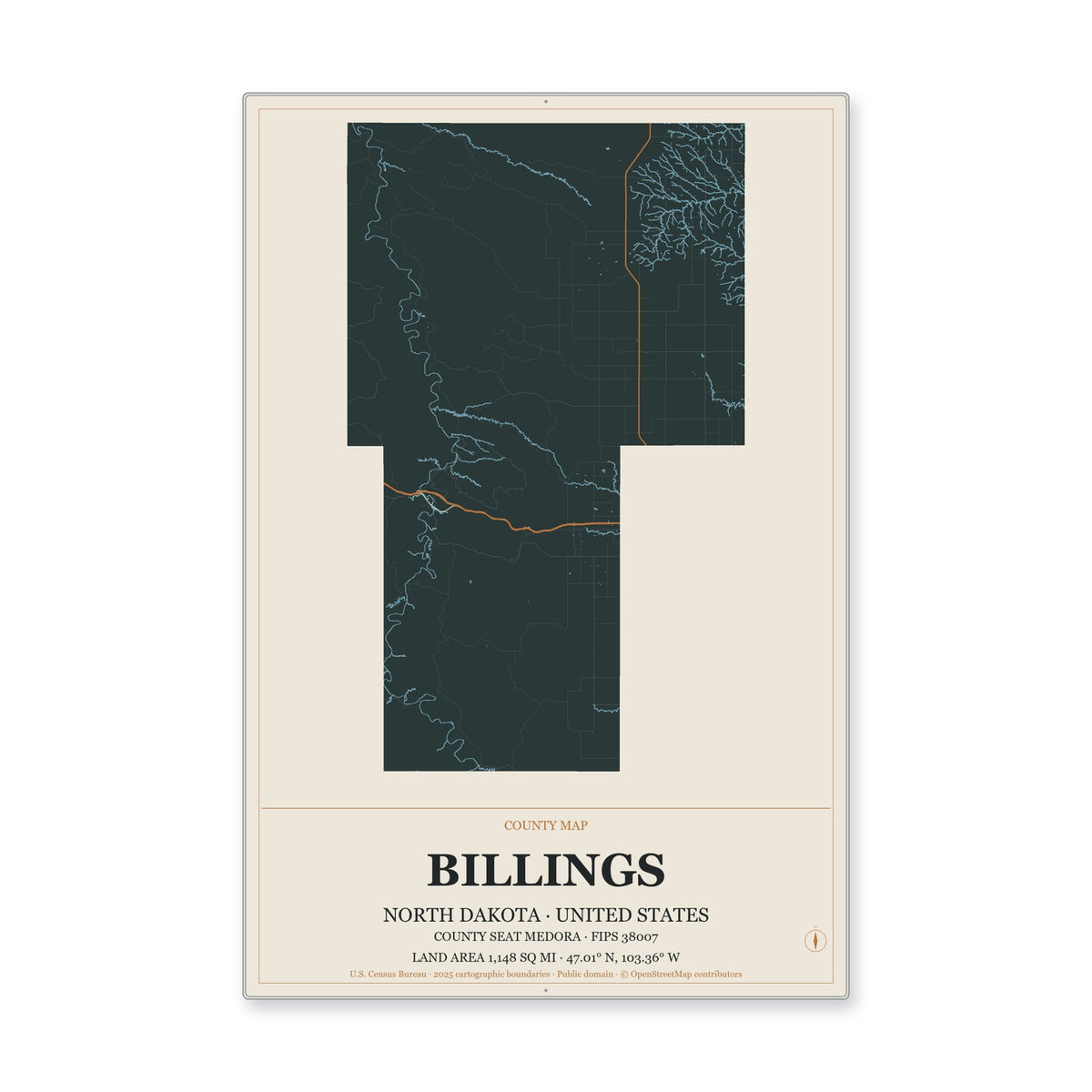 Billings County, North Dakota Map Aluminum Sign in Headline Atlas style