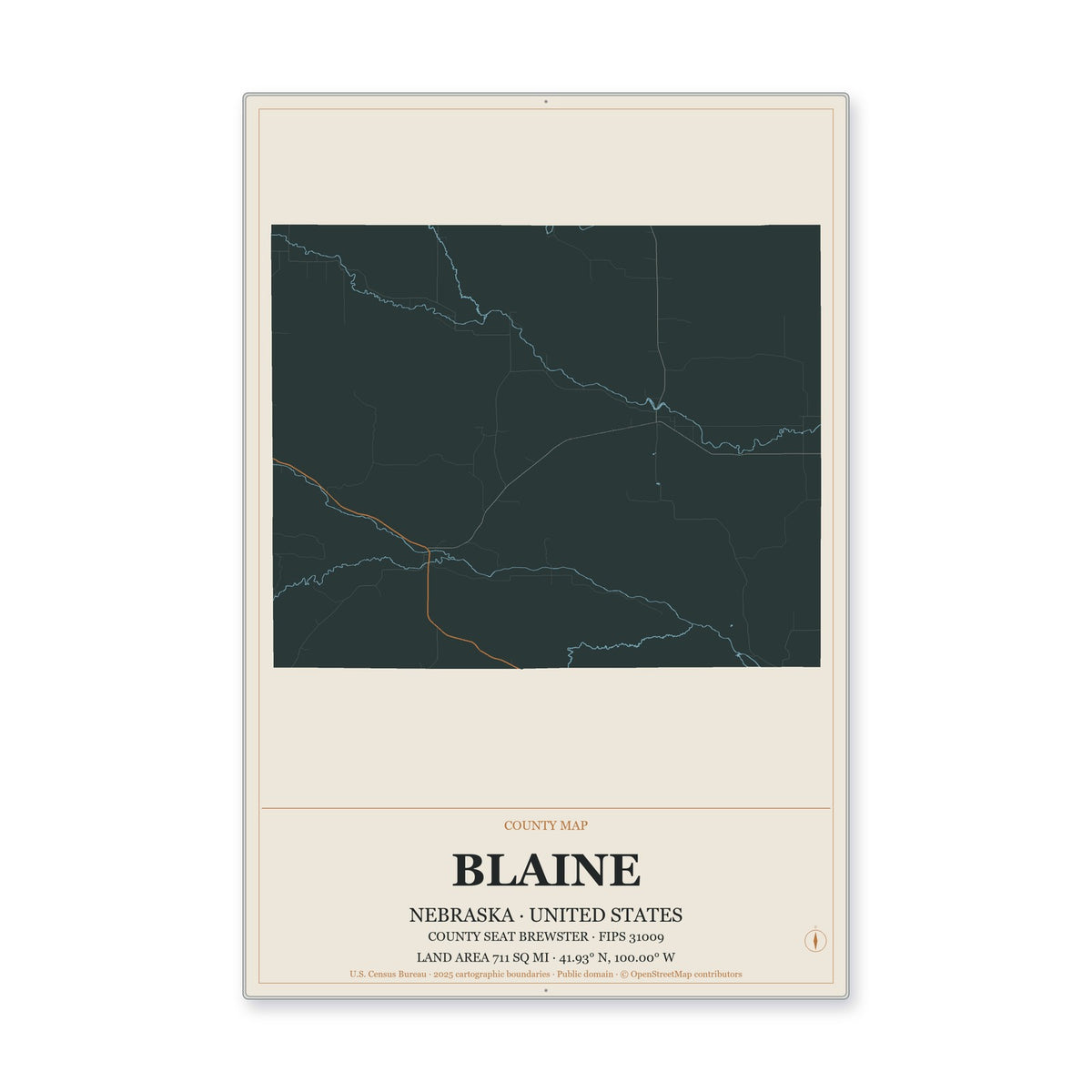 Blaine County, Nebraska Map Aluminum Sign in Headline Atlas style
