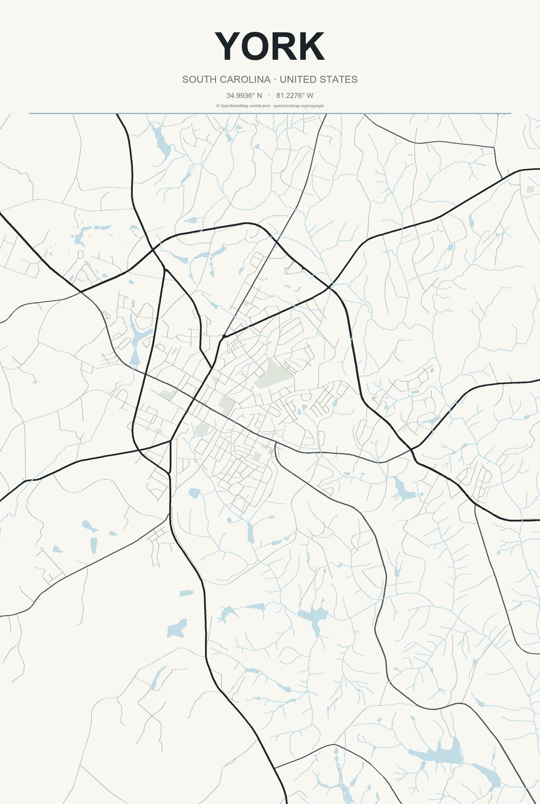 York, South Carolina City Map Aluminum Sign in Headline Atlas style