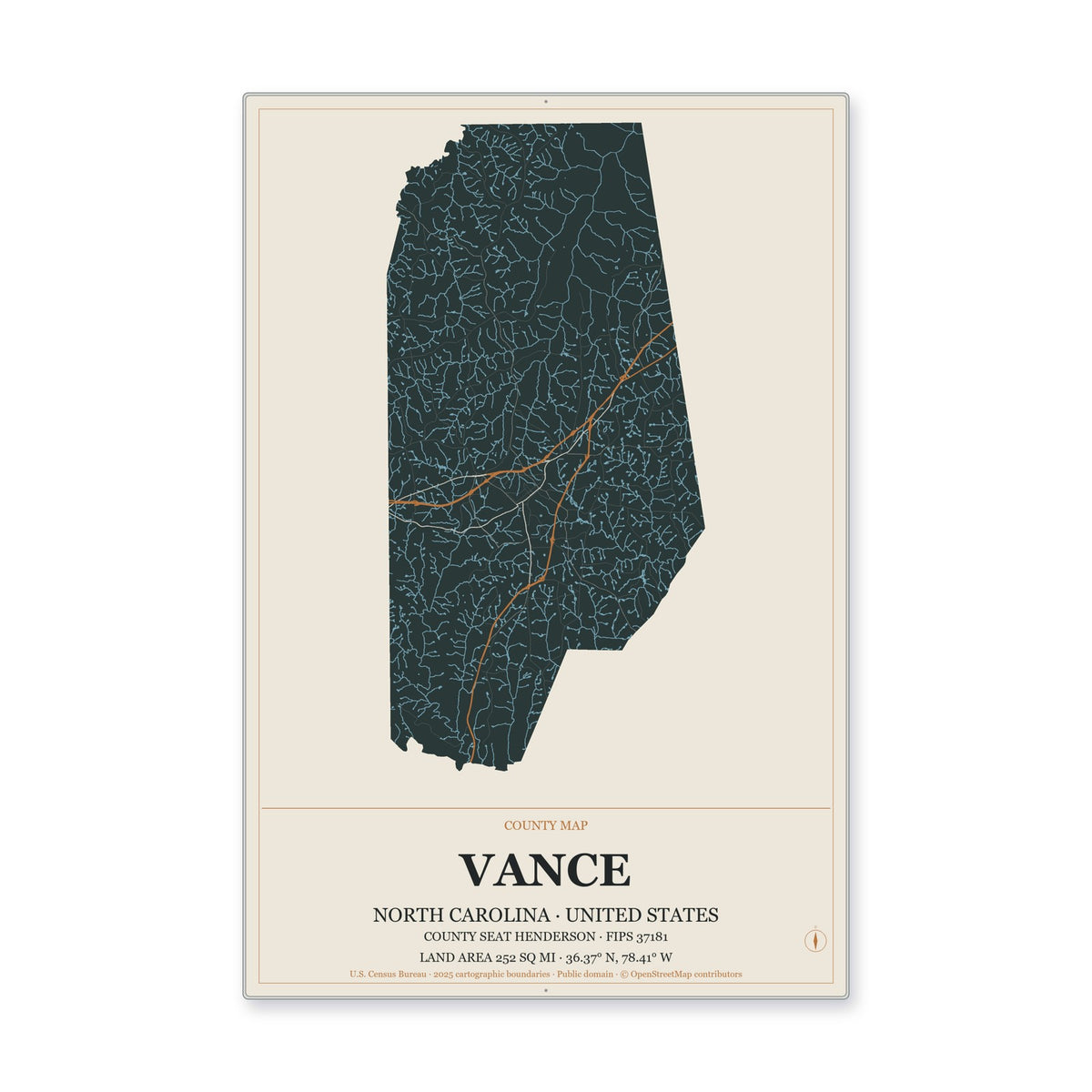 Vance County, North Carolina Map Aluminum Sign in Headline Atlas style