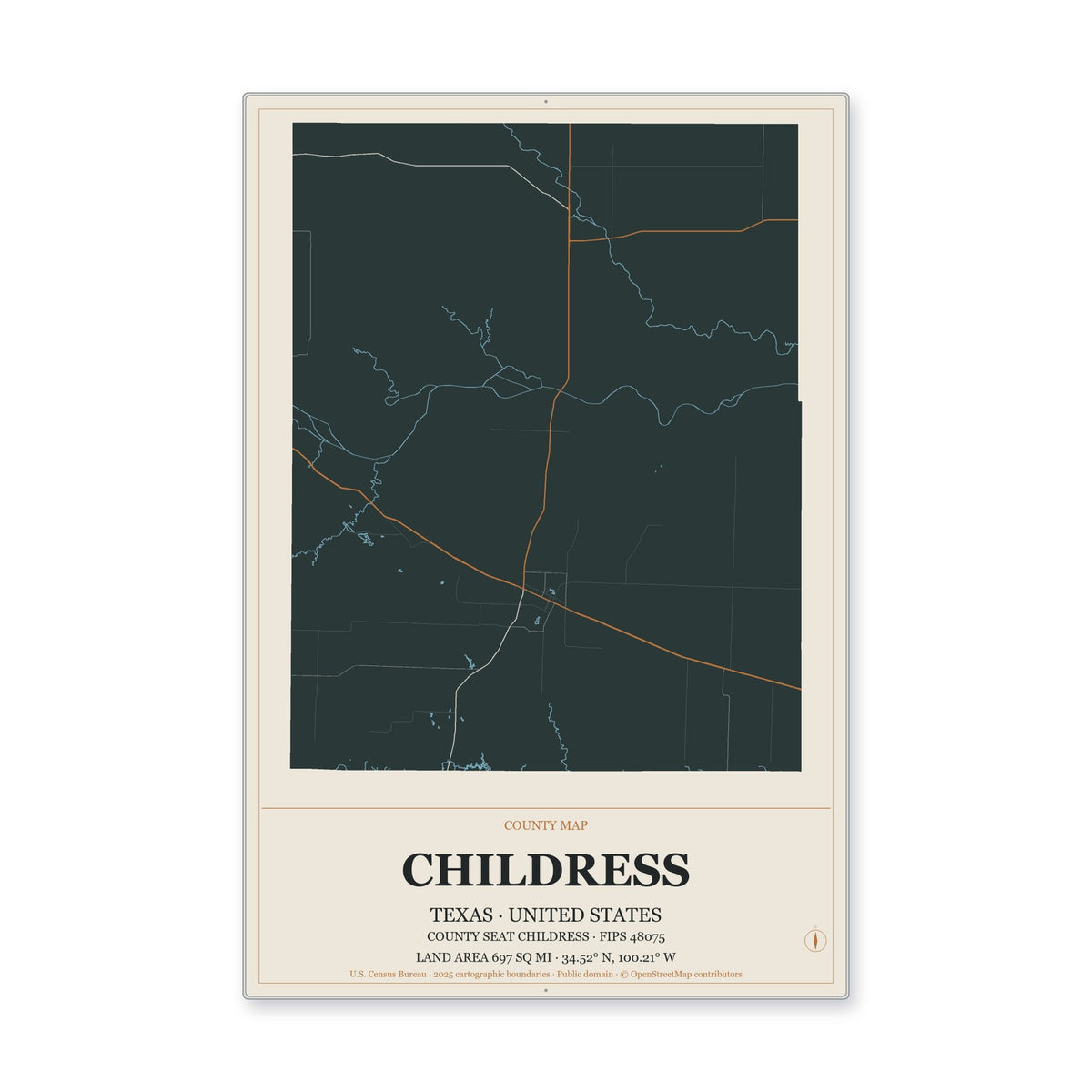 Childress County, Texas Map Aluminum Sign in Headline Atlas style