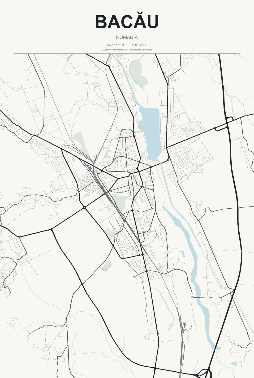 Bacău, Romania City Map Aluminum Sign in Headline Atlas style