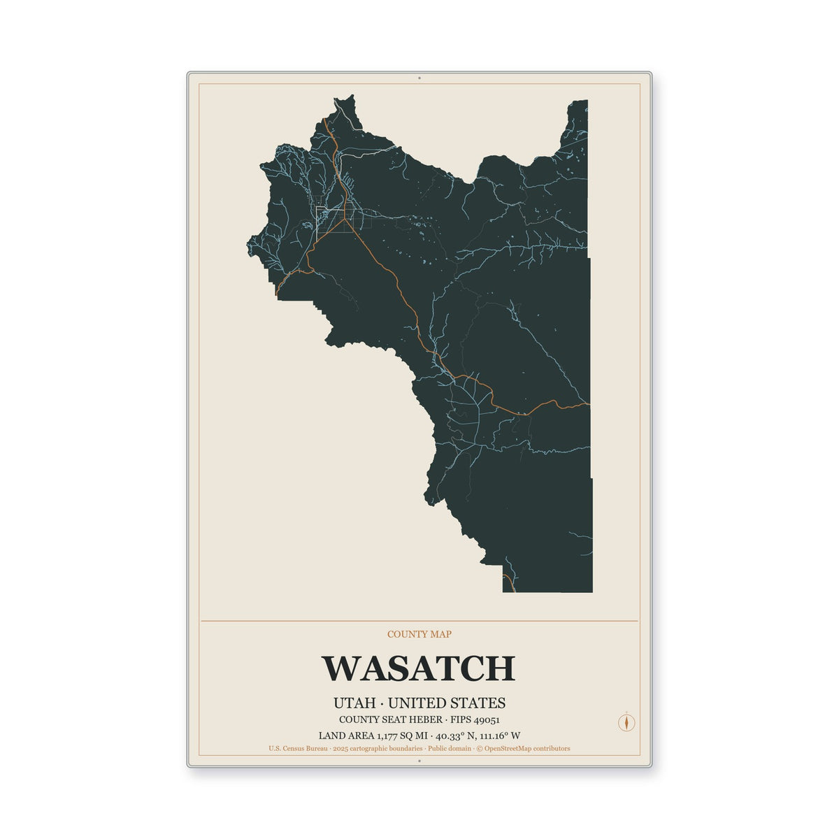 Wasatch County, Utah Map Aluminum Sign in Headline Atlas style