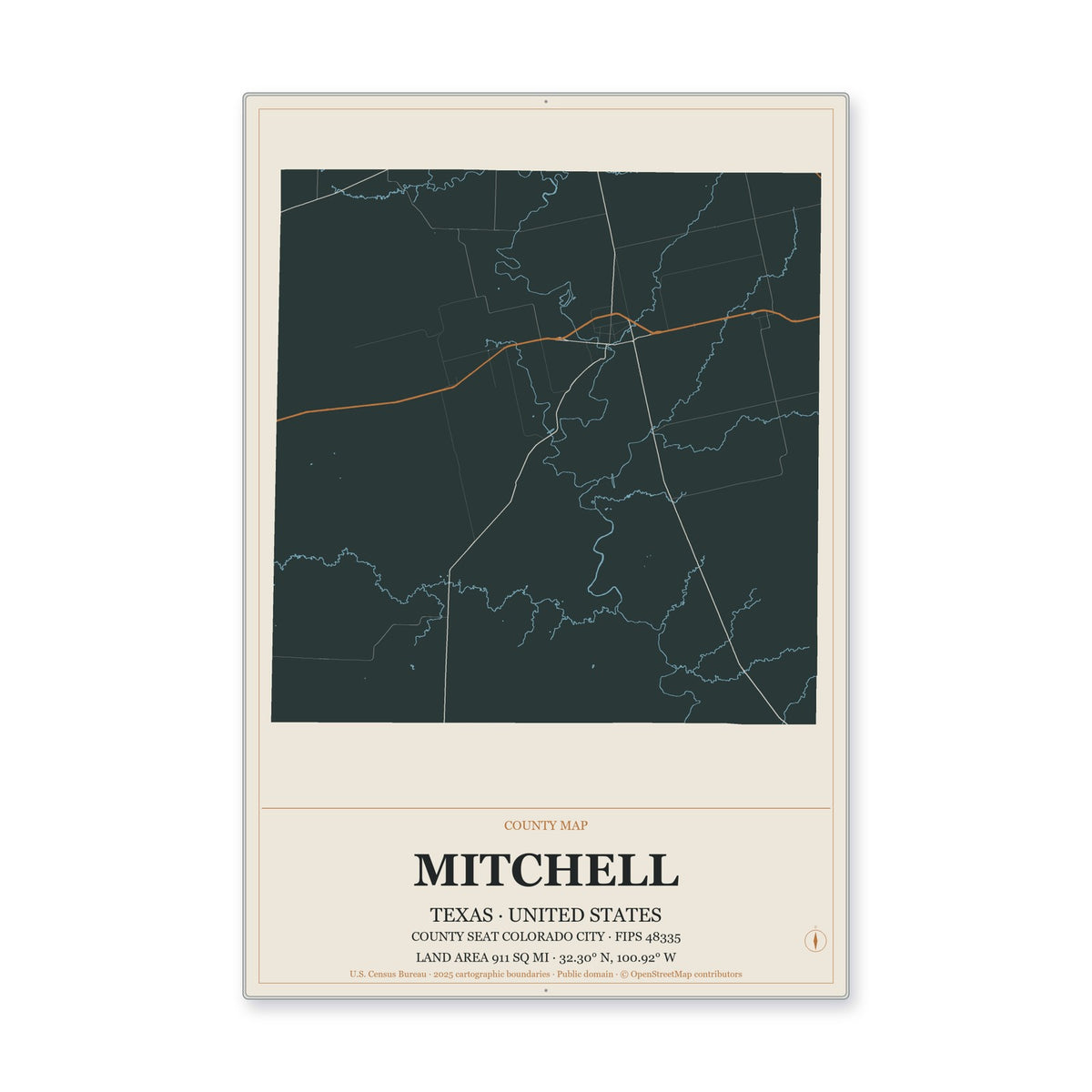 Mitchell County, Texas Map Aluminum Sign in Headline Atlas style