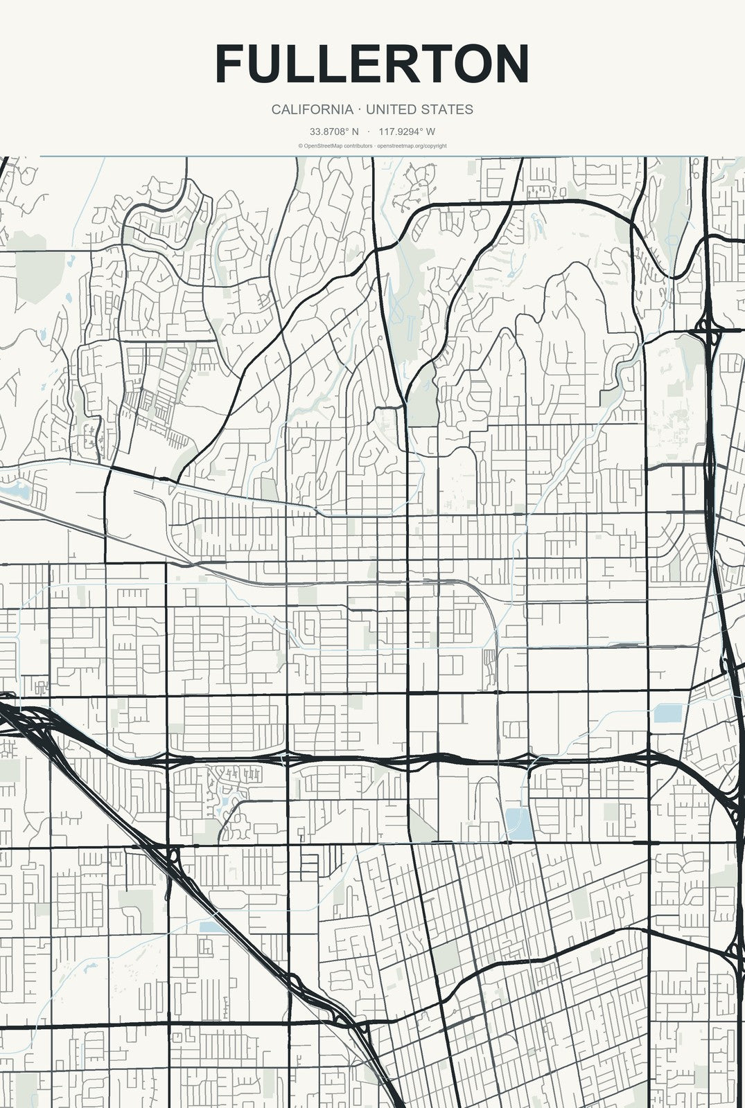 Fullerton, California City Map Aluminum Sign in Headline Atlas style
