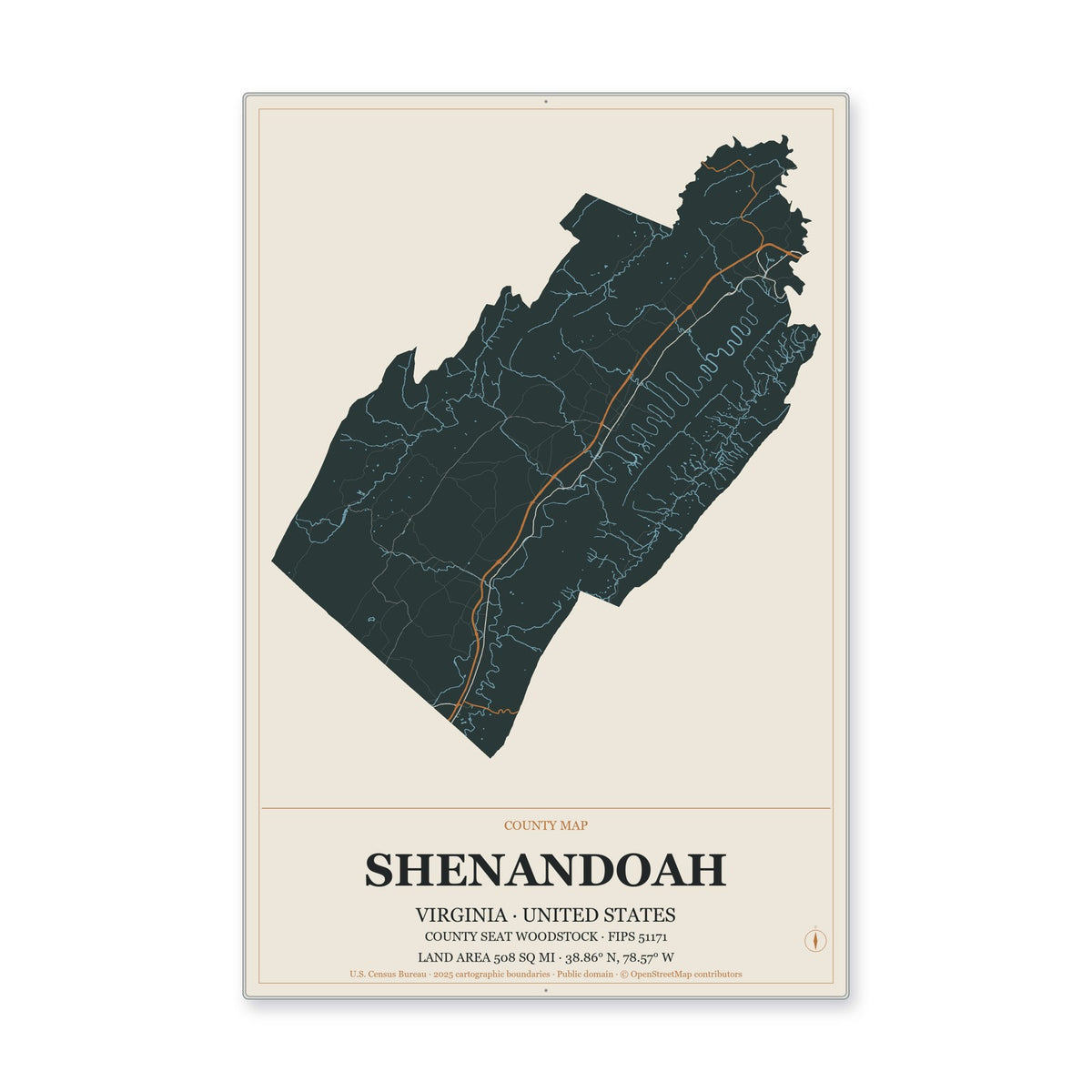 Shenandoah County, Virginia Map Aluminum Sign in Headline Atlas style