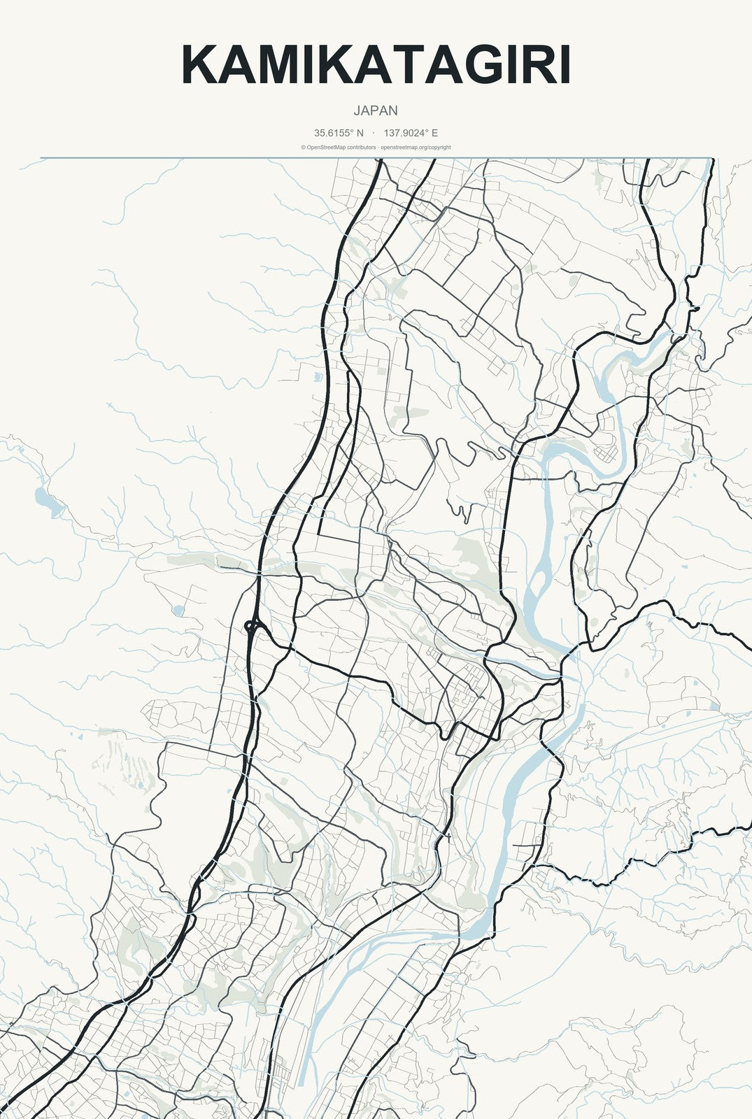 Kamikatagiri, Japan City Map Aluminum Sign in Headline Atlas style