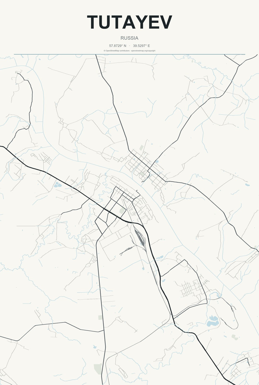 Tutayev, Russia City Map Aluminum Sign in Headline Atlas style